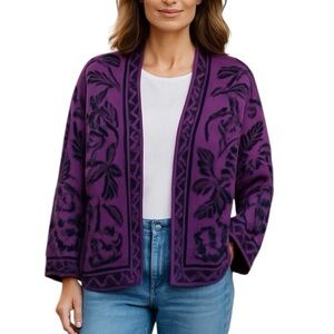 Nanette Lepore Floral Baroque Long Sleeve Open Front Cardigan Large Purple Black